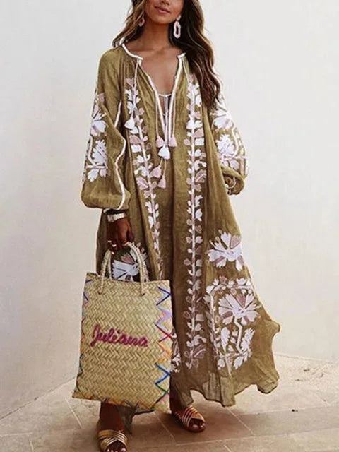 Boho Elegant Print MooMoo Dress For Women | Loose Luxury MooMoo V Neck |  Lace Up Big Hem MooMoo Dresses 2025|  Fashion New Lady MooMoo Robe